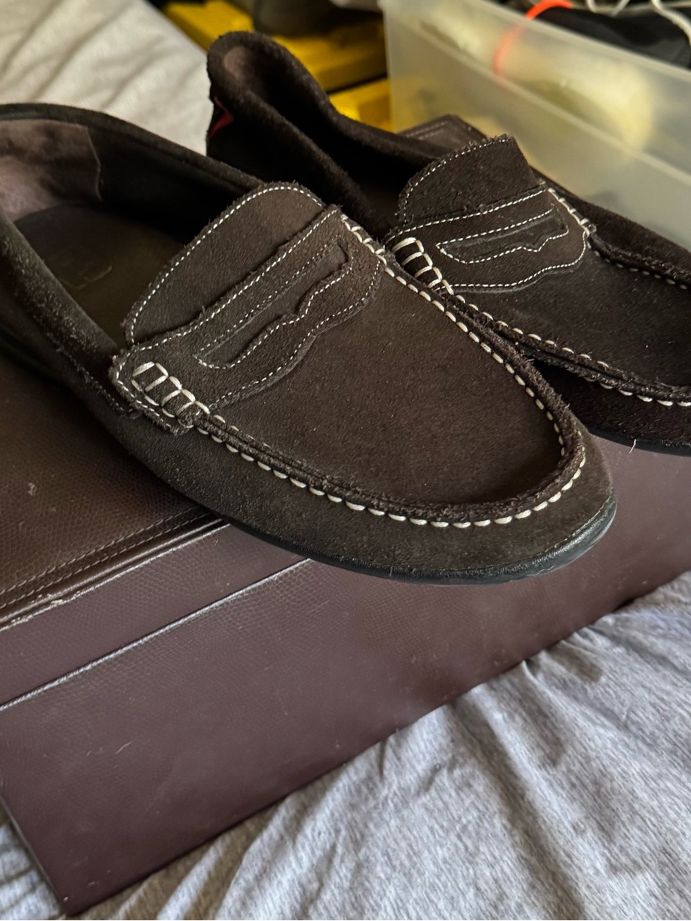 FootJoy Brown Suede Penny Loafers with Contrast Stitching